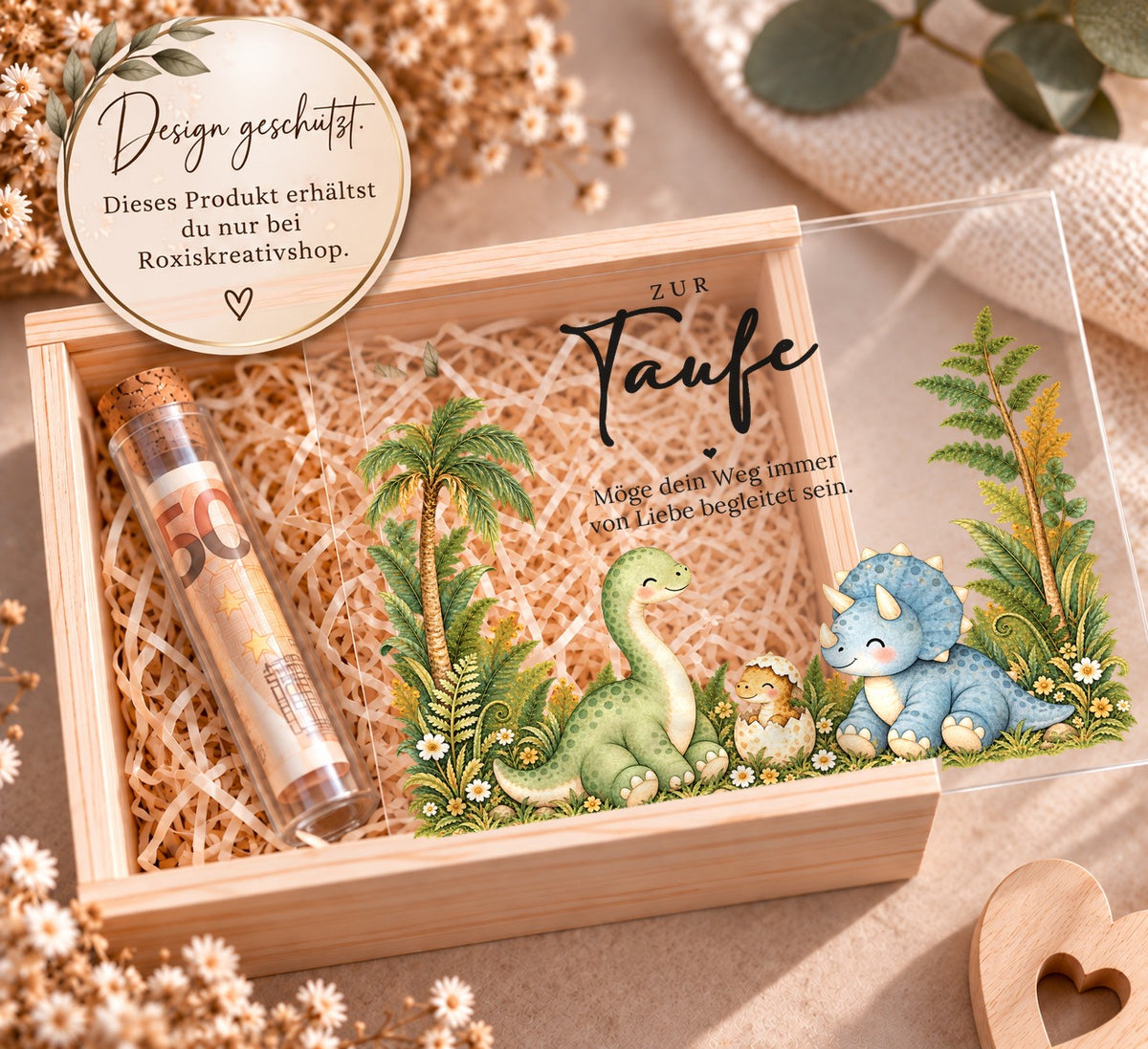 Holzkiste zur Taufe im Dino-Design, eigenes Design von RoxisKreativShop