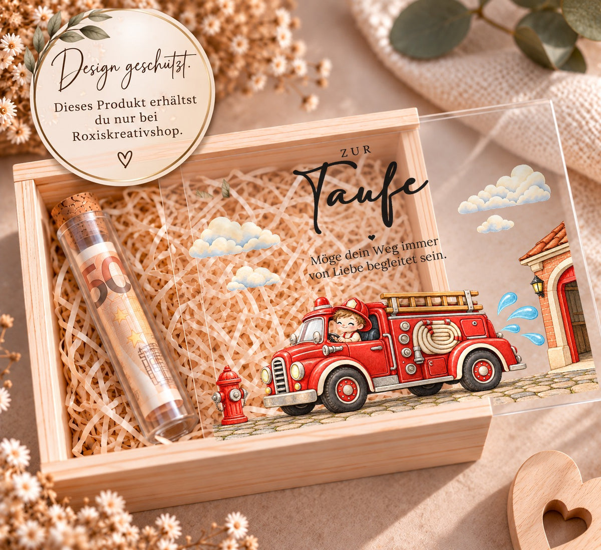 Holzkiste zur Taufe im Feuerwehr-Design, eigenes Design von RoxisKreativShop