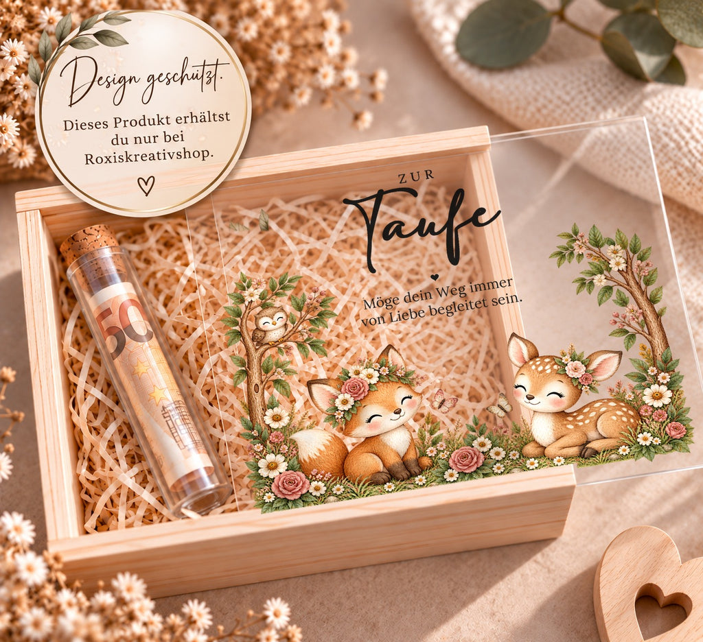 Holzkiste zur Taufe mit Füchsin und Rehkitz, eigenes Design von RoxisKreativShop