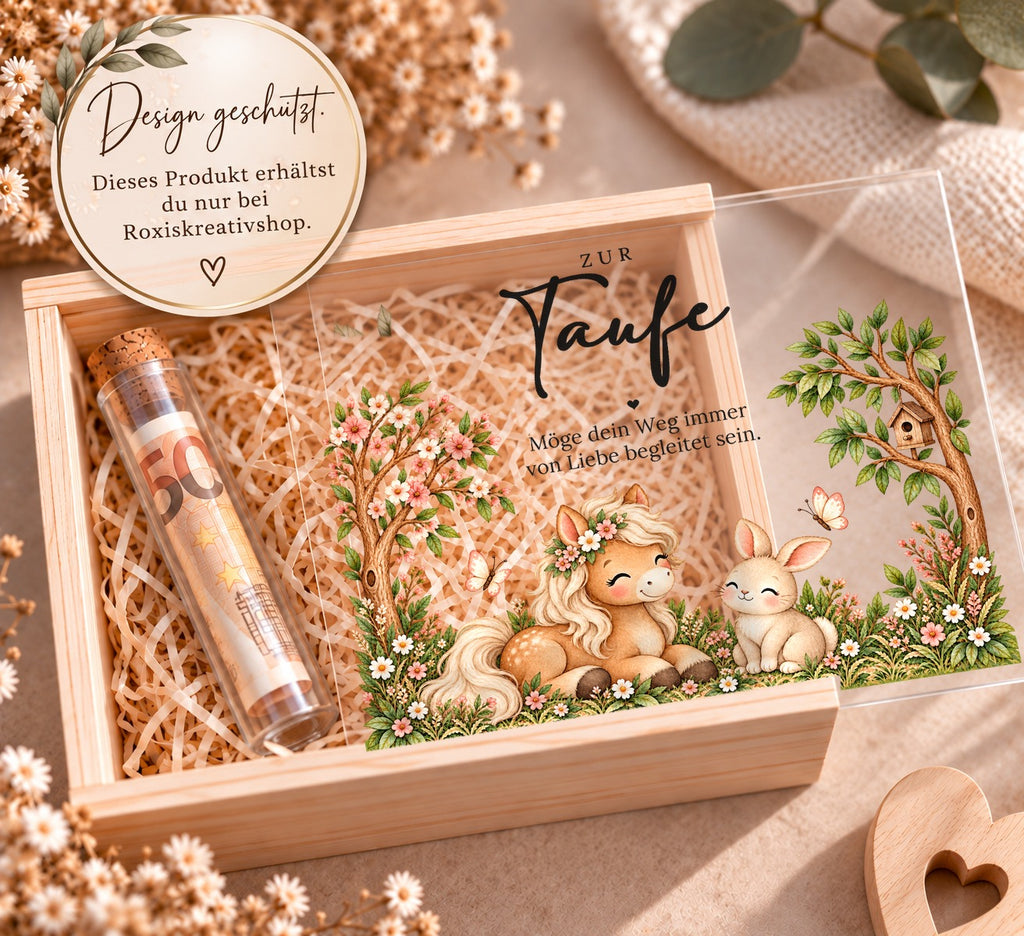 Holzkiste zur Taufe im Pony-Design, eigenes Design von RoxisKreativShop