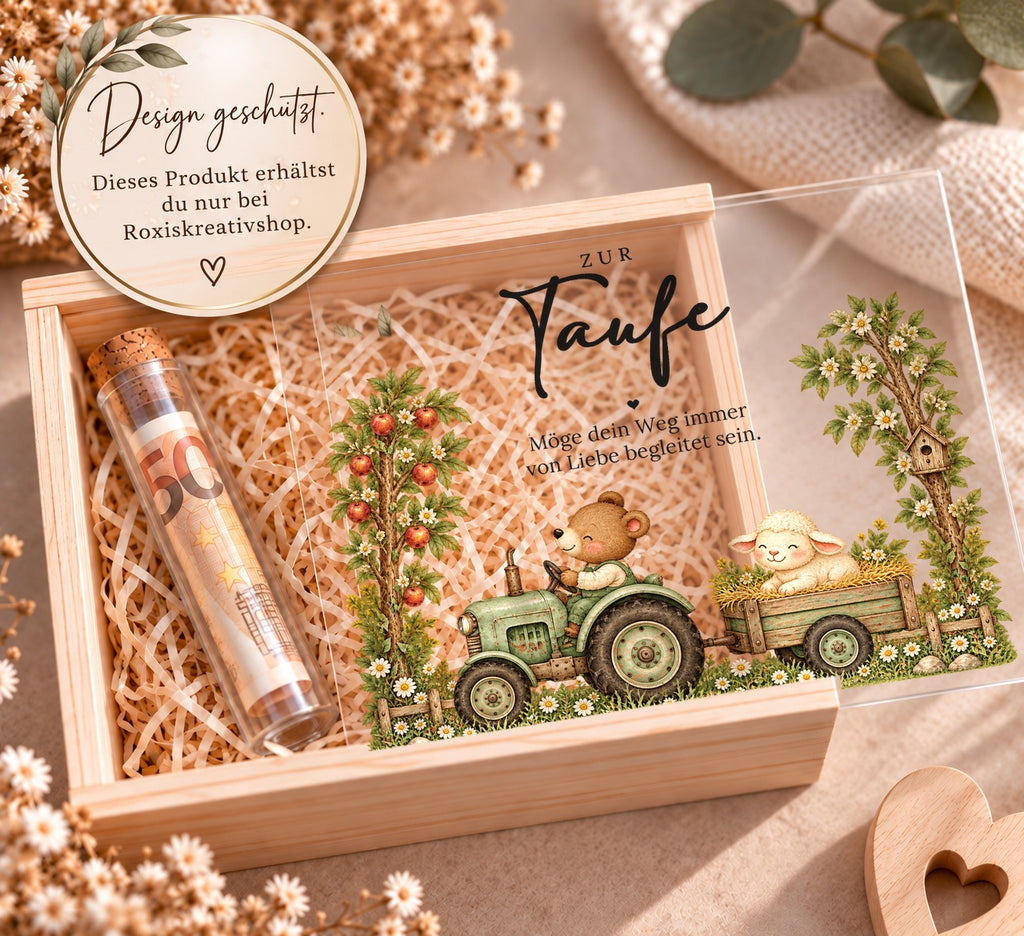 Holzkiste zur Taufe im Traktor-Design, eigenes Design von RoxisKreativShop