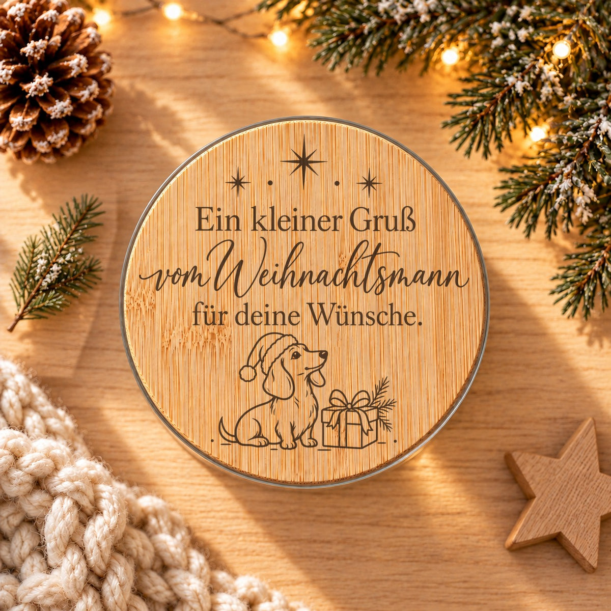 Gravierter Bambusdeckel „Gruß vom Weihnachtsmann“ von oben, daneben Tannenzweige und ein Holzstern
