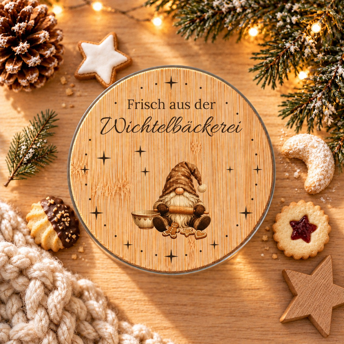 Bedruckter Bambusdeckel „Frisch aus der Wichtelbäckerei“ mit Wichtel von oben, daneben Plätzchen und Tannenzweig