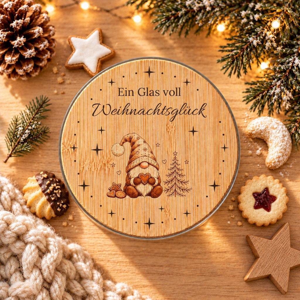Bedruckter Bambusdeckel „Ein Glas voll Weihnachtsglück“ mit Wichtel von oben, daneben Plätzchen und Tannenzweig