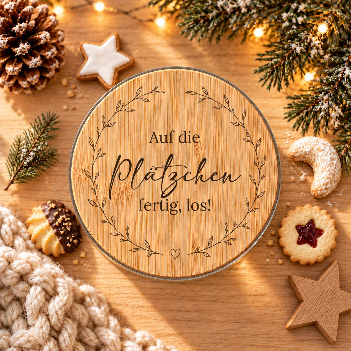 Bedruckter Bambusdeckel „Auf die Plätzchen, fertig, los!“ mit Blätterkranz von oben, daneben Plätzchen und Tannenzweig