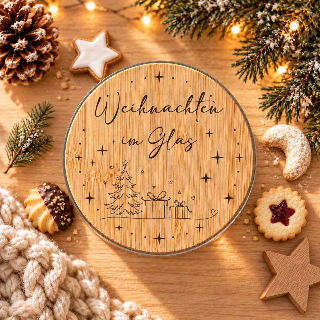 Bedruckter Bambusdeckel „Weihnachten im Glas“ mit Tanne und Geschenken von oben, daneben Plätzchen und Tannenzweig