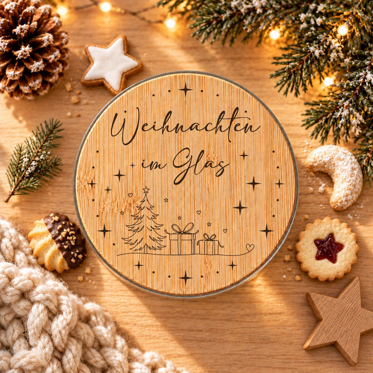 Bedruckter Bambusdeckel „Weihnachten im Glas“ mit Tanne und Geschenken von oben, daneben Plätzchen und Tannenzweig
