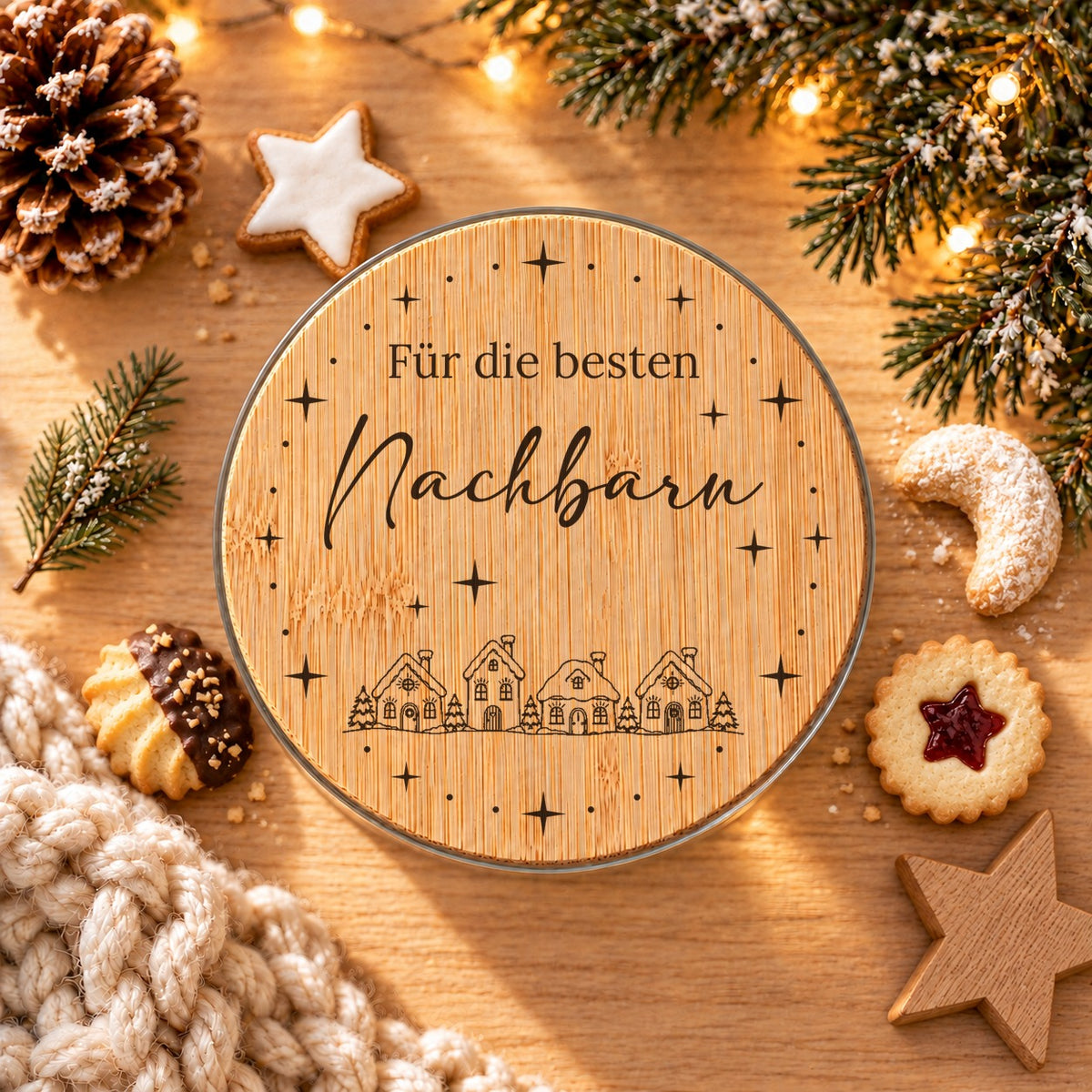 Bedruckter Bambusdeckel „Für die besten Nachbarn“ mit kleinen Häusern von oben, daneben Plätzchen und Tannenzweig