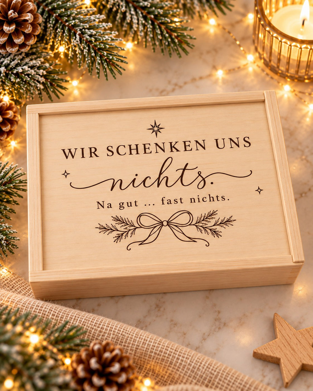Geschlossene Holzkiste mit Gravur „Wir schenken uns nichts. Na gut … fast nichts.“