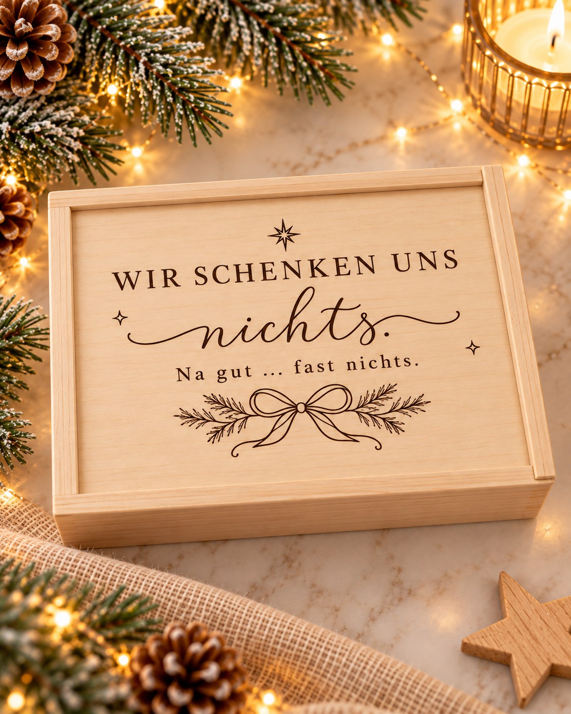 Geschlossene Holzkiste mit Gravur „Wir schenken uns nichts. Na gut … fast nichts.“