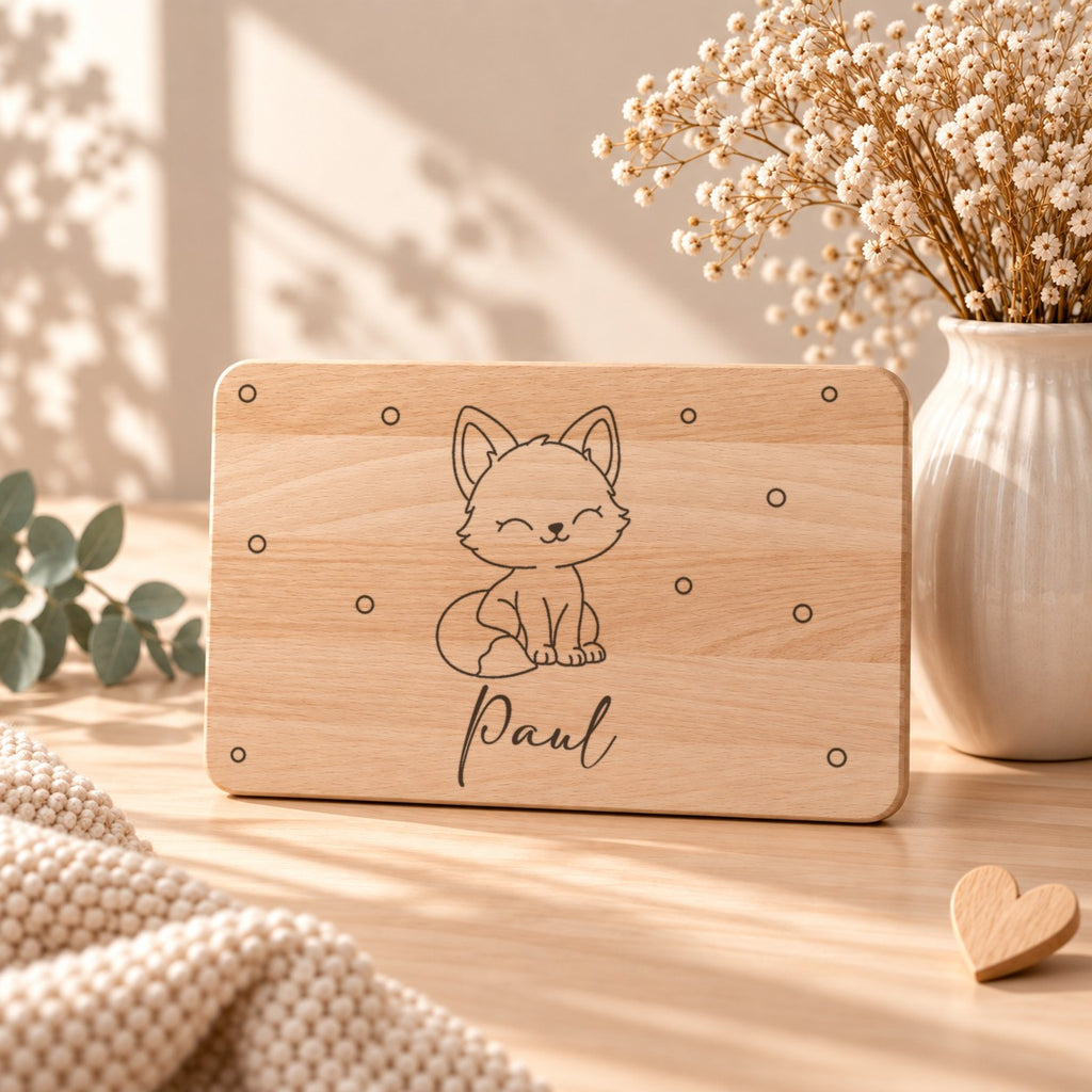 Personalisiertes Frühstücksbrettchen aus Holz mit graviertem Fuchs, Namen und kleinen Kreisen, aufgestellt neben Schleierkraut