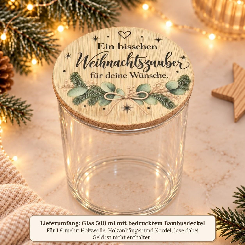 Lieferumfang: leeres 500-ml-Glas mit bedrucktem Bambusdeckel „Weihnachtszauber“, Zubehör für 1 € mehr, Geld nicht enthalten