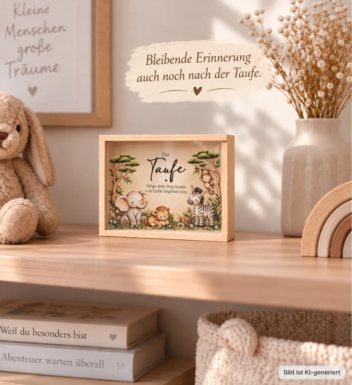 Holzkiste zur Taufe im Safari-Design als bleibende Erinnerung im Regal im Kinderzimmer