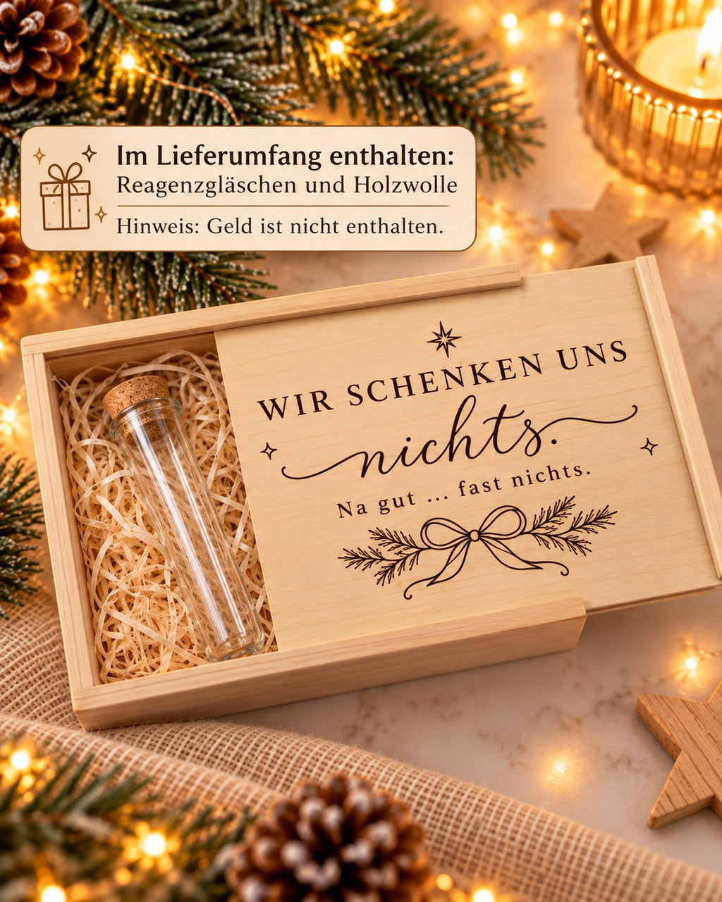 Lieferumfang: Holzkiste mit Schiebedeckel, Reagenzglas mit Korken und Holzwolle, Geld ist nicht enthalten