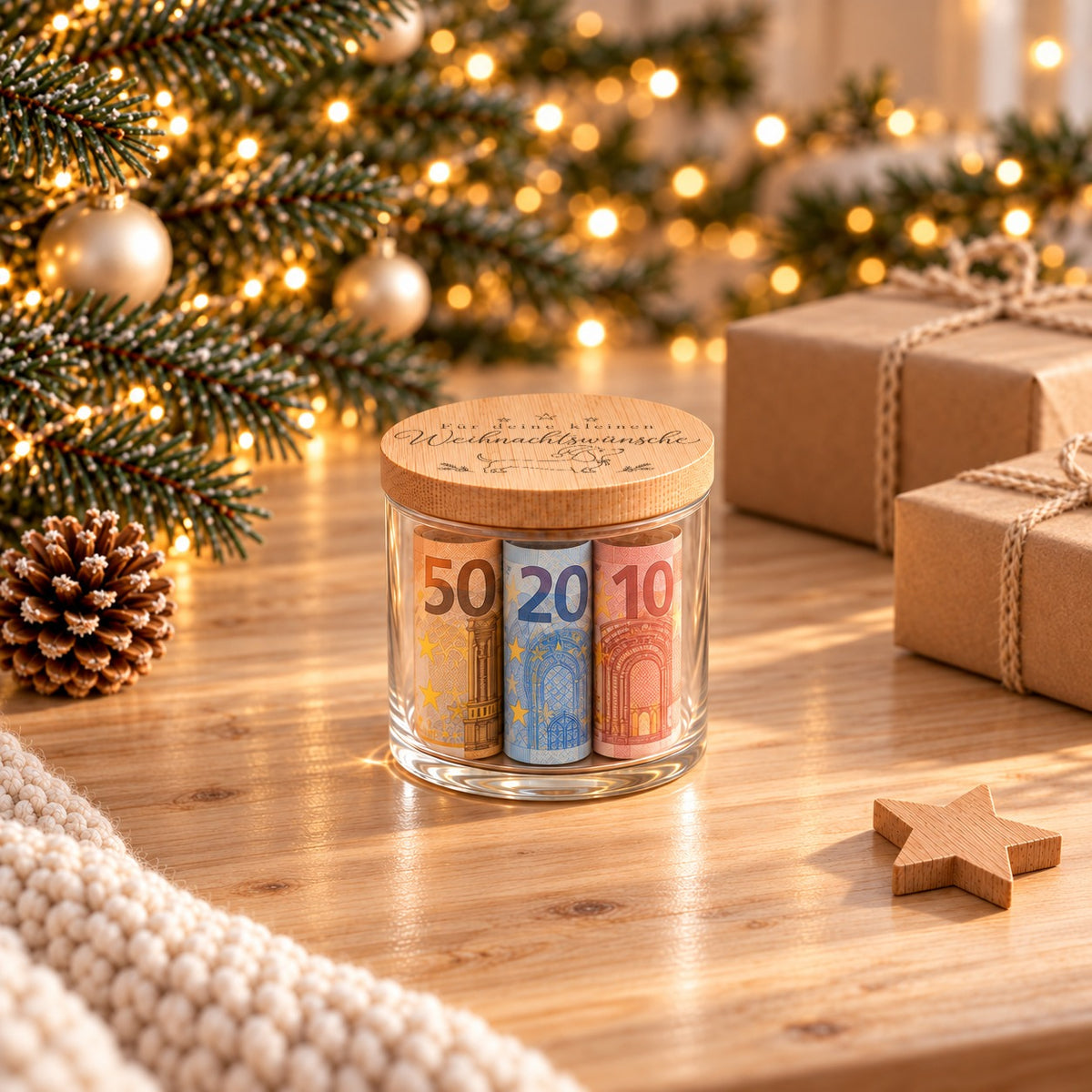 Geschlossenes Glas „Für deine kleinen Weihnachtswünsche“ mit Dackel mit gerollten Geldscheinen vor dem Weihnachtsbaum