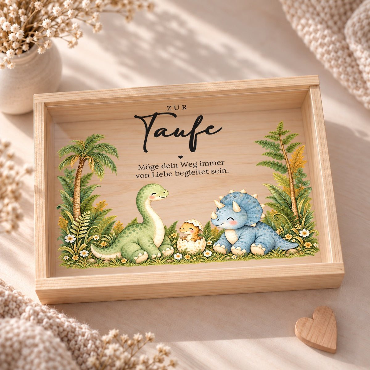 Taufkiste mit Dinos von oben, Taufspruch Möge dein Weg immer von Liebe begleitet sein