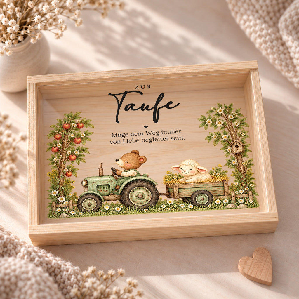 Taufkiste mit Traktor von oben, Taufspruch Möge dein Weg immer von Liebe begleitet sein