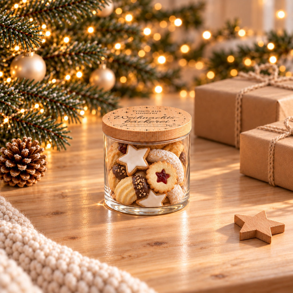 Keksdose aus Glas „Frisch aus unserer Weihnachtsbäckerei“ mit Nudelholz mit Plätzchen vor dem Weihnachtsbaum