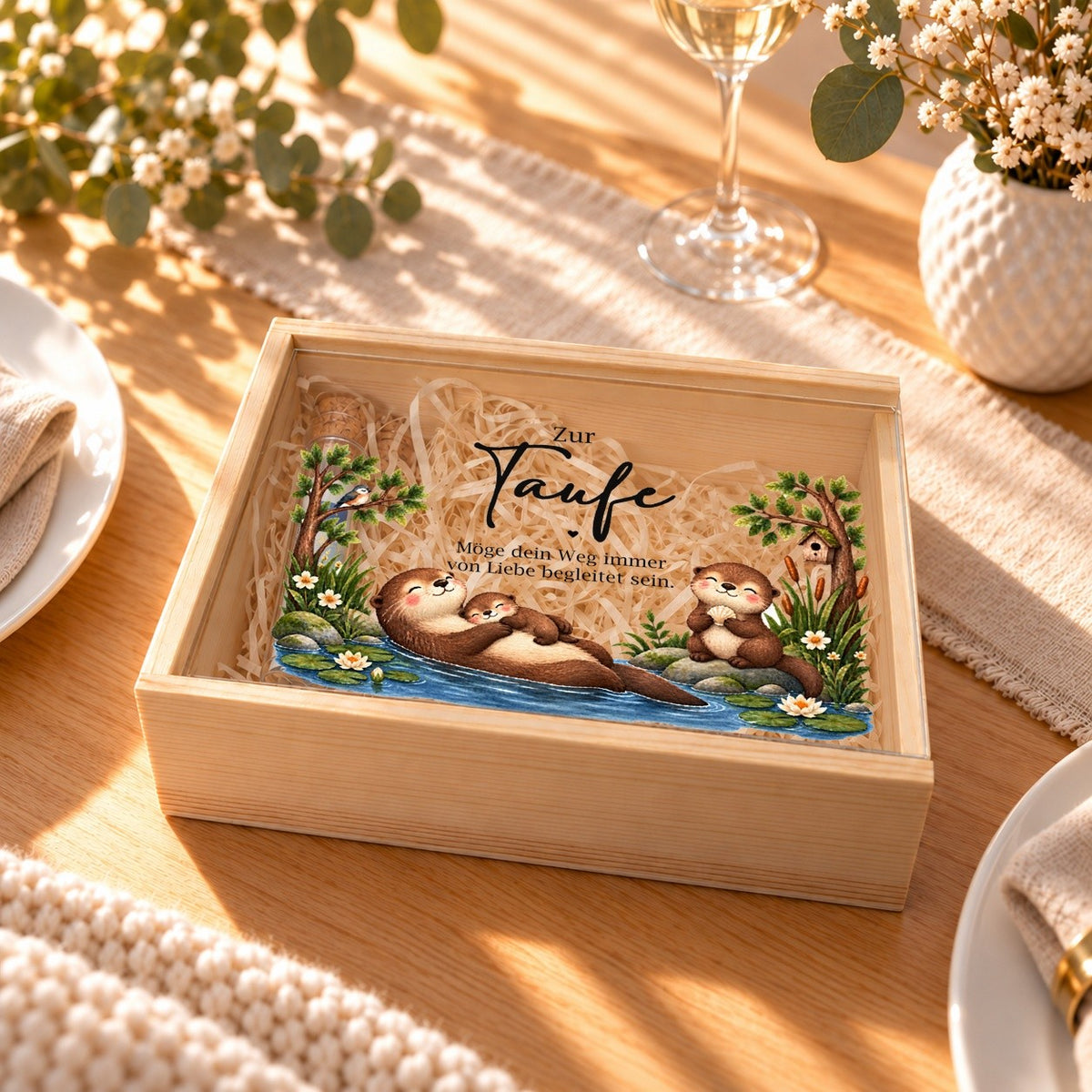Taufgeschenk Holzkiste mit Otter-Motiv auf dem gedeckten Tisch der Tauffeier