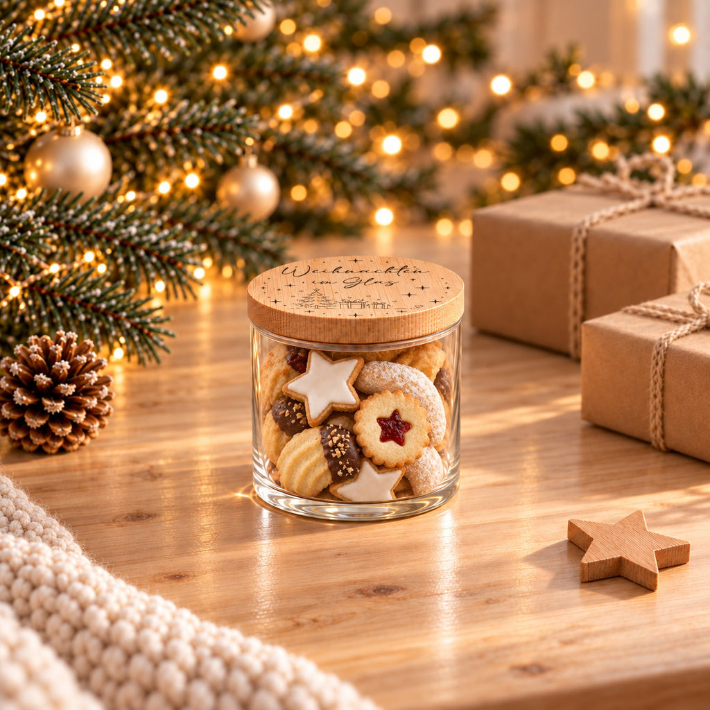Keksdose aus Glas „Weihnachten im Glas“ mit Tanne und Geschenken mit Plätzchen vor dem Weihnachtsbaum