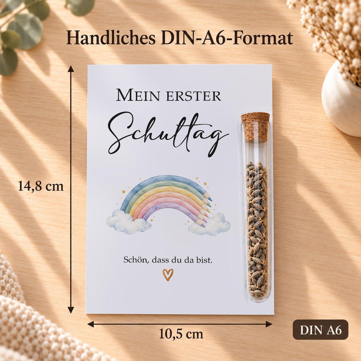 Gastgeschenk Einschulung im DIN-A6-Format, 10,5 × 14,8 cm, Motiv Buntstift-Regenbogen