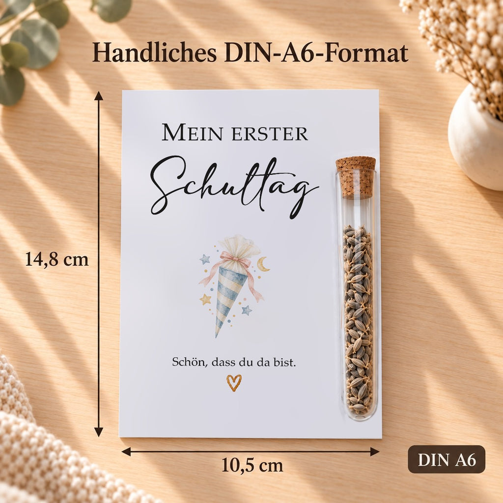 Gastgeschenk Einschulung im DIN-A6-Format, 10,5 × 14,8 cm, Motiv Schultüte
