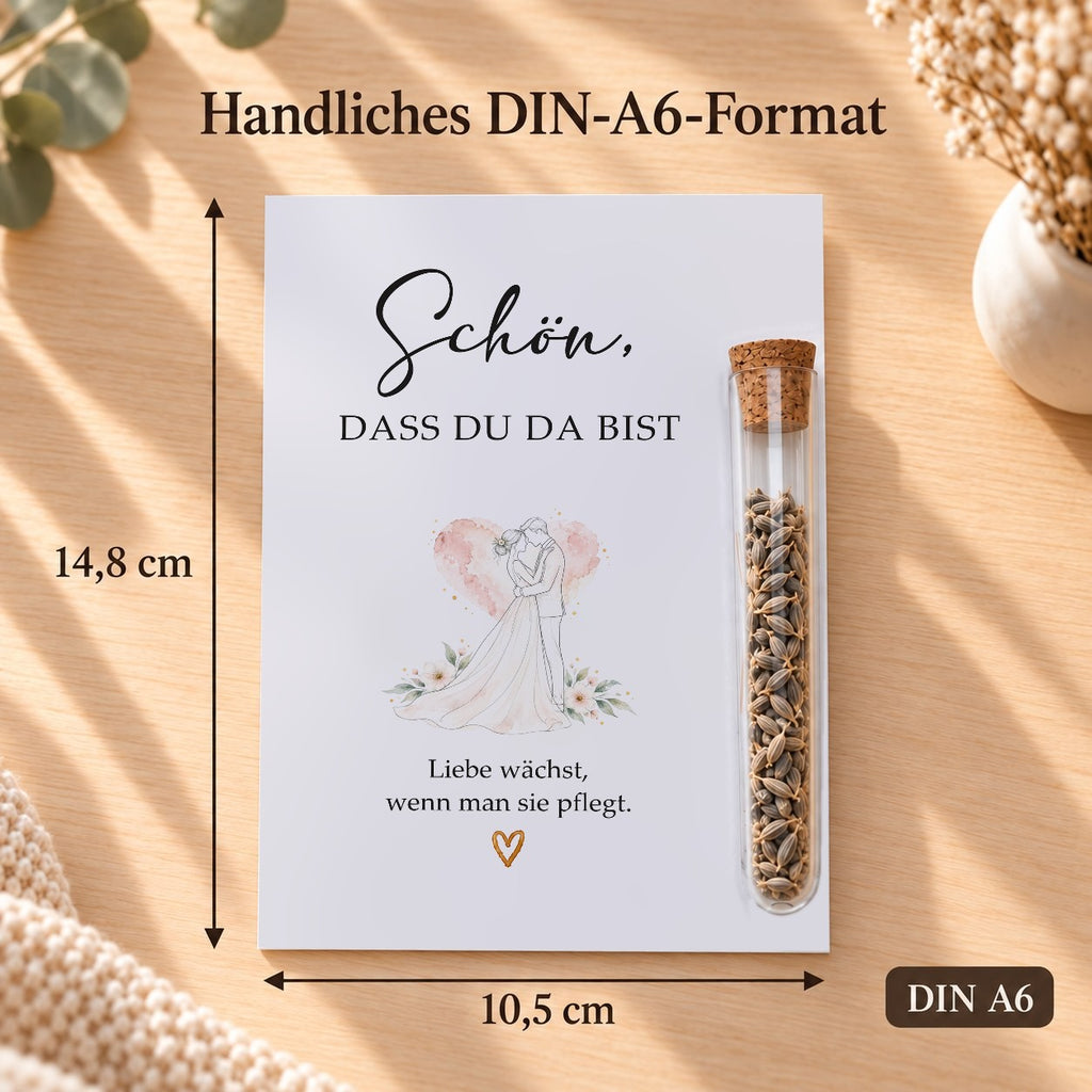 Gastgeschenk Hochzeit im DIN-A6-Format, 10,5 × 14,8 cm, Motiv Brautpaar