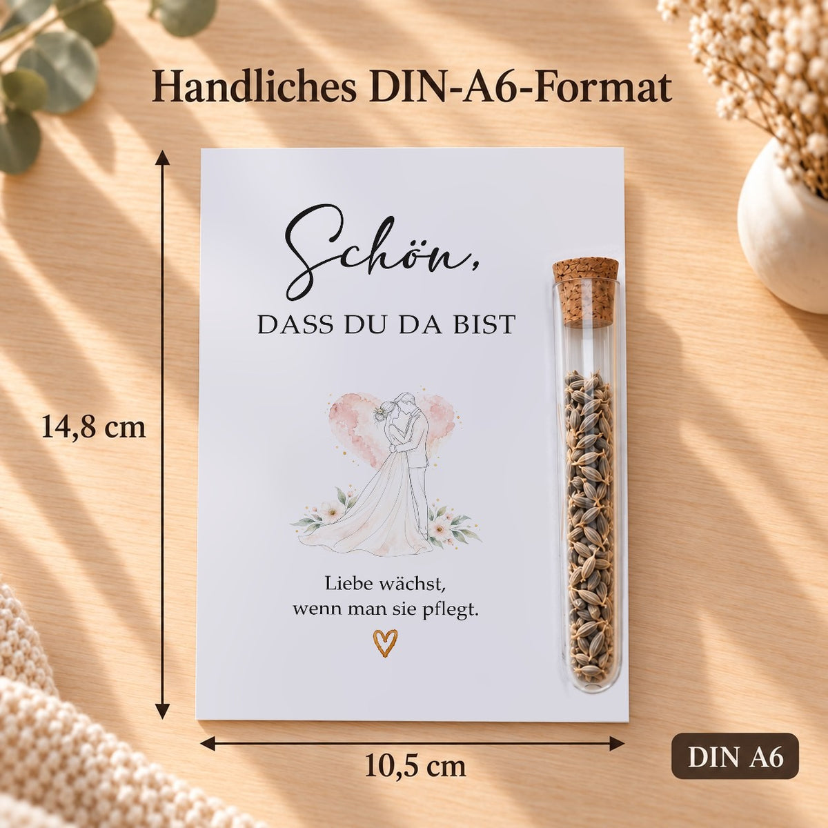 Gastgeschenk Hochzeit im DIN-A6-Format, 10,5 × 14,8 cm, Motiv Brautpaar
