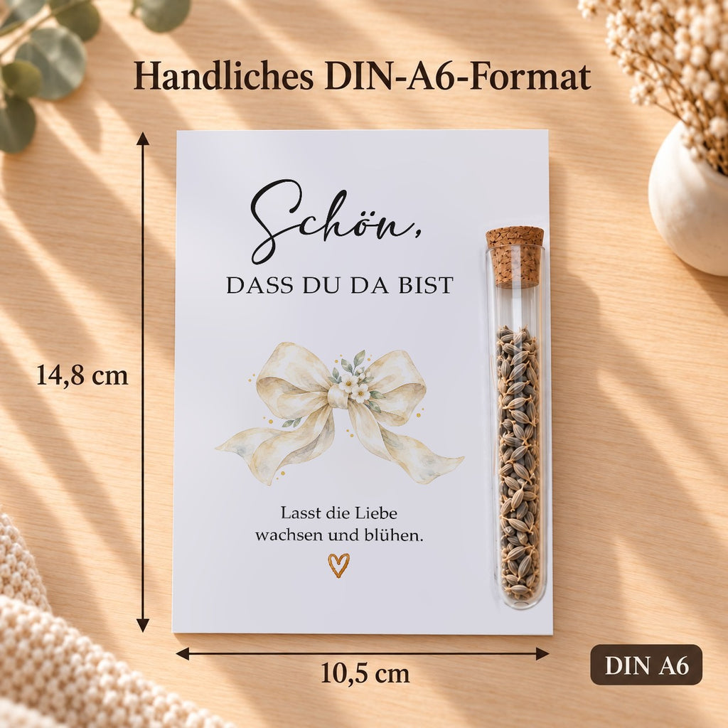 Gastgeschenk Hochzeit im DIN-A6-Format, 10,5 × 14,8 cm, Motiv Schleife