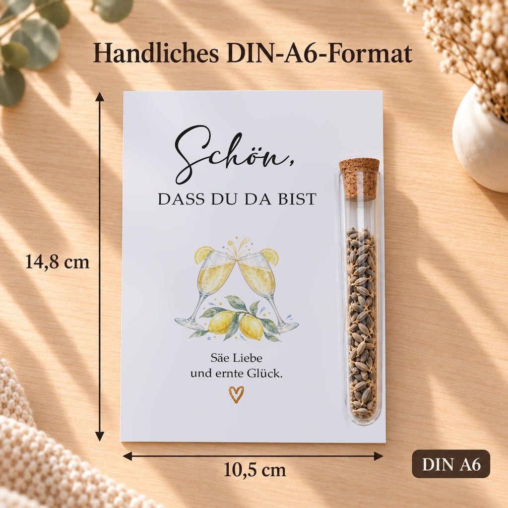 Gastgeschenk Hochzeit im DIN-A6-Format, 10,5 × 14,8 cm, Motiv Sektgläser