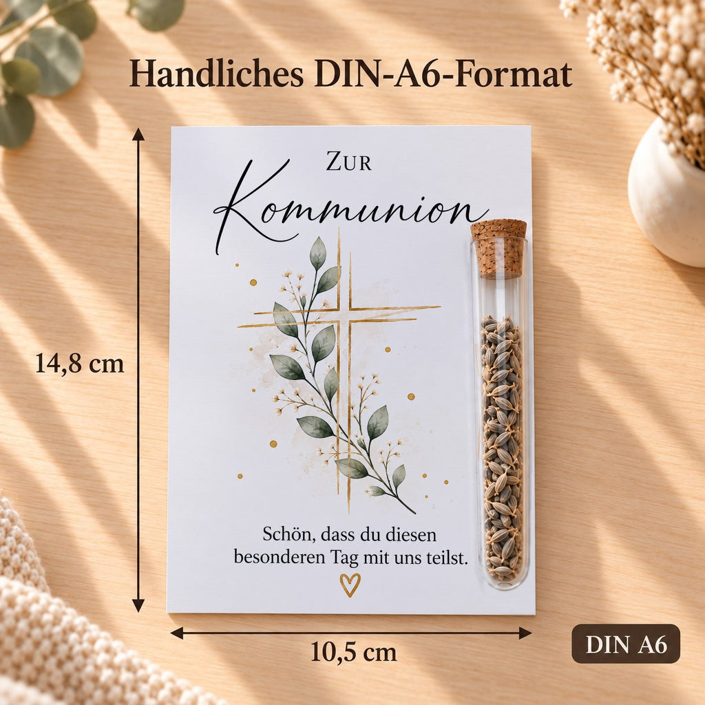 Gastgeschenk Kommunion im DIN-A6-Format, 10,5 × 14,8 cm, Motiv Kreuz