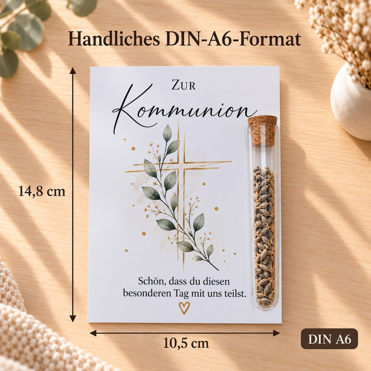 Gastgeschenk Kommunion im DIN-A6-Format, 10,5 × 14,8 cm, Motiv Kreuz