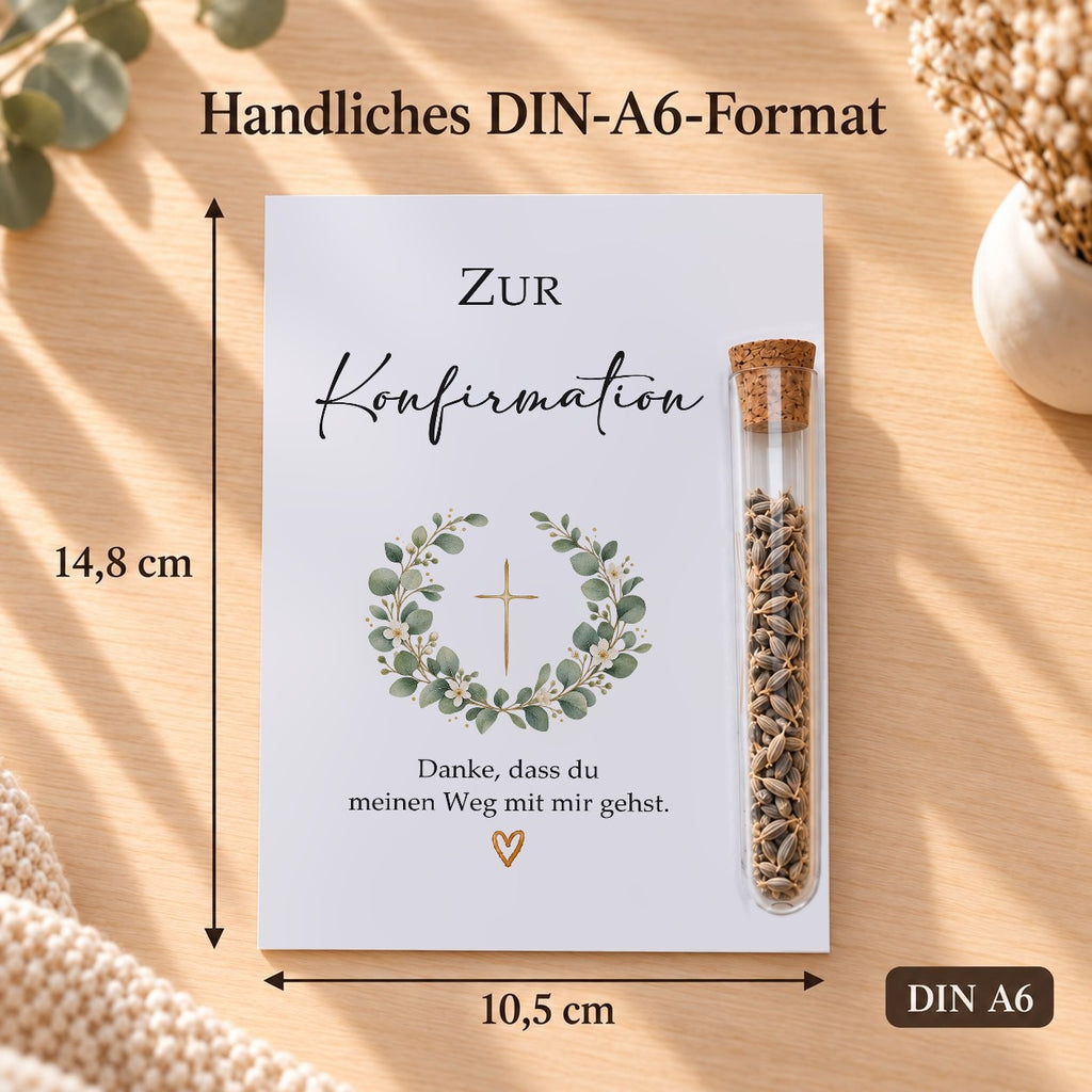 Gastgeschenk Konfirmation im DIN-A6-Format, 10,5 × 14,8 cm, Motiv Eukalyptus-Kranz