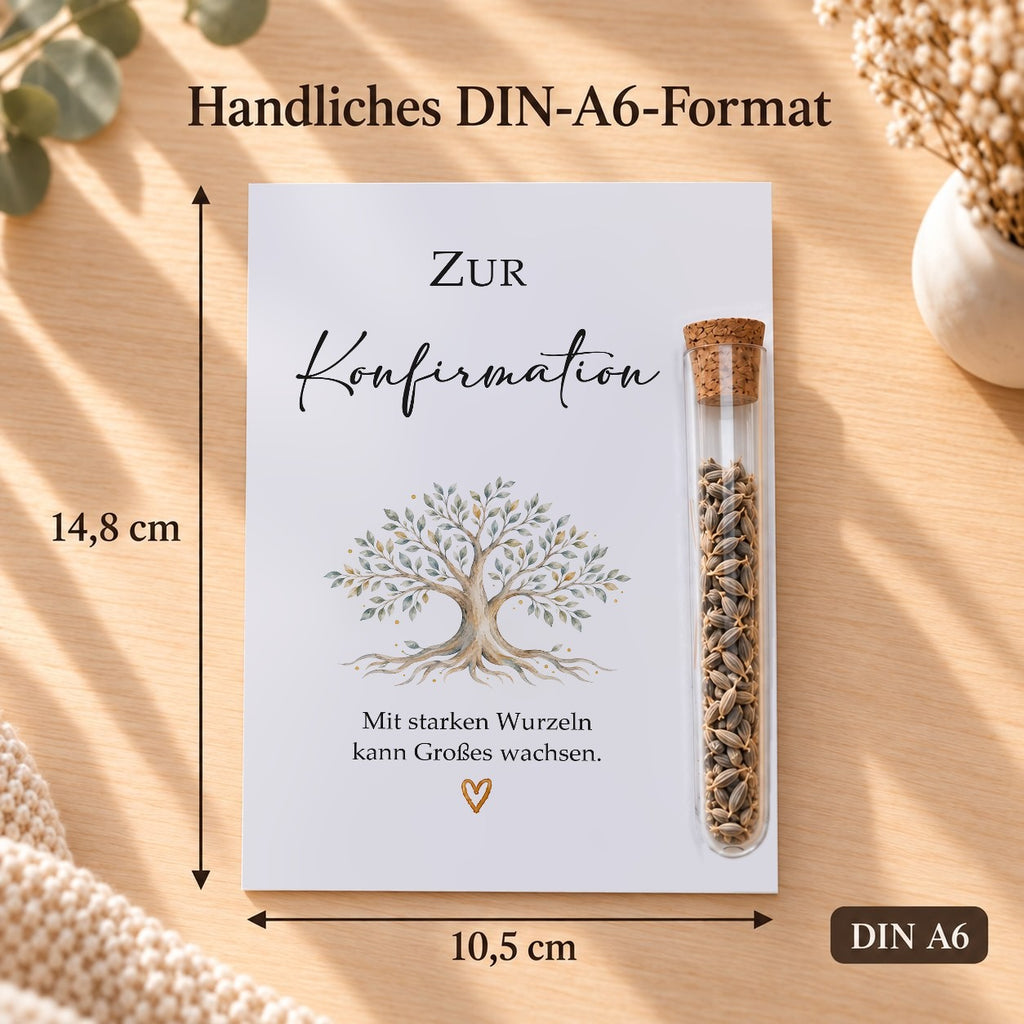 Gastgeschenk Konfirmation im DIN-A6-Format, 10,5 × 14,8 cm, Motiv Lebensbaum