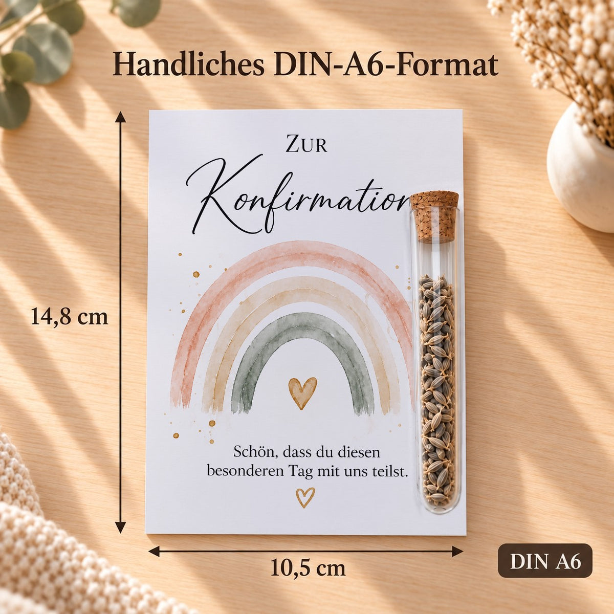 Gastgeschenk Konfirmation im DIN-A6-Format, 10,5 × 14,8 cm, Motiv Regenbogen