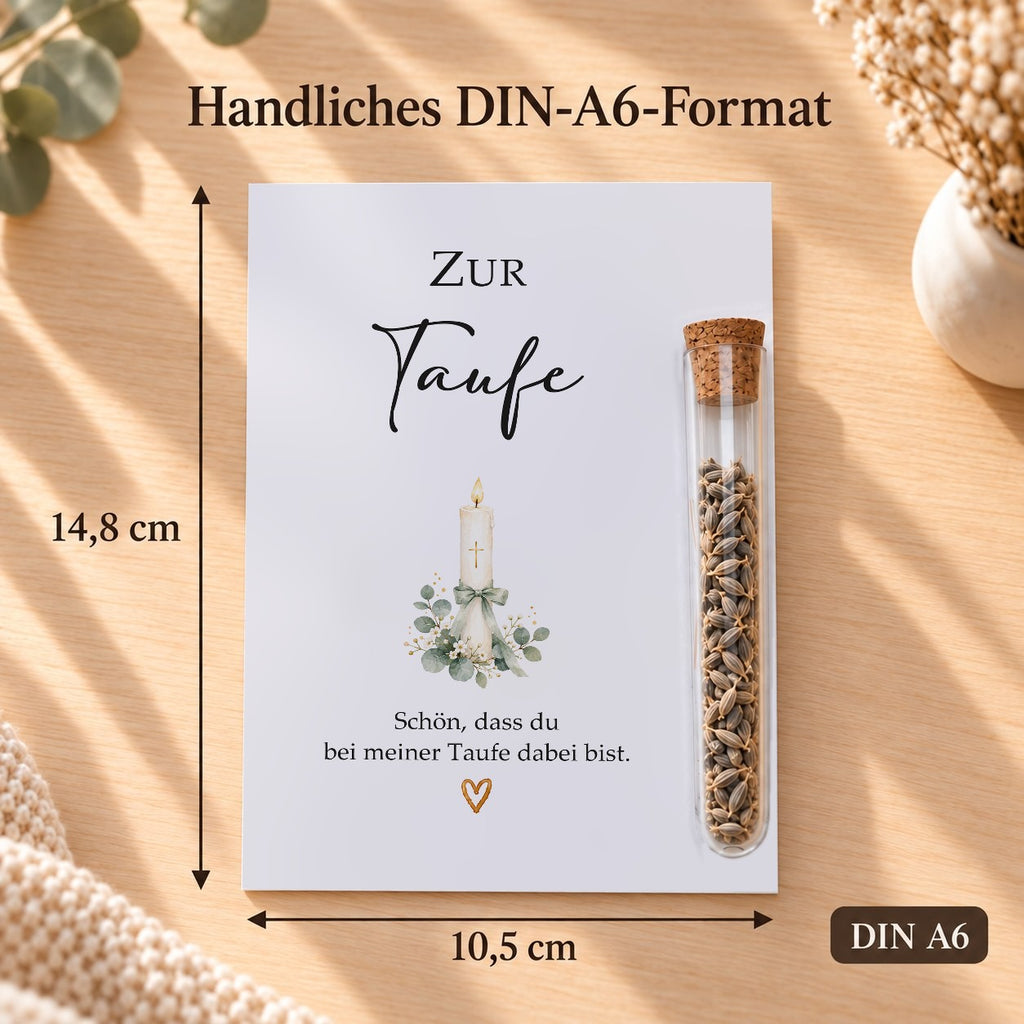 Gastgeschenk Taufe im DIN-A6-Format, 10,5 × 14,8 cm, Motiv Taufkerze