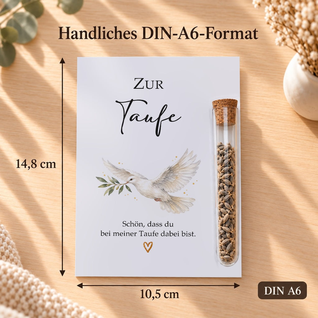 Gastgeschenk Taufe im DIN-A6-Format, 10,5 × 14,8 cm, Motiv Taube