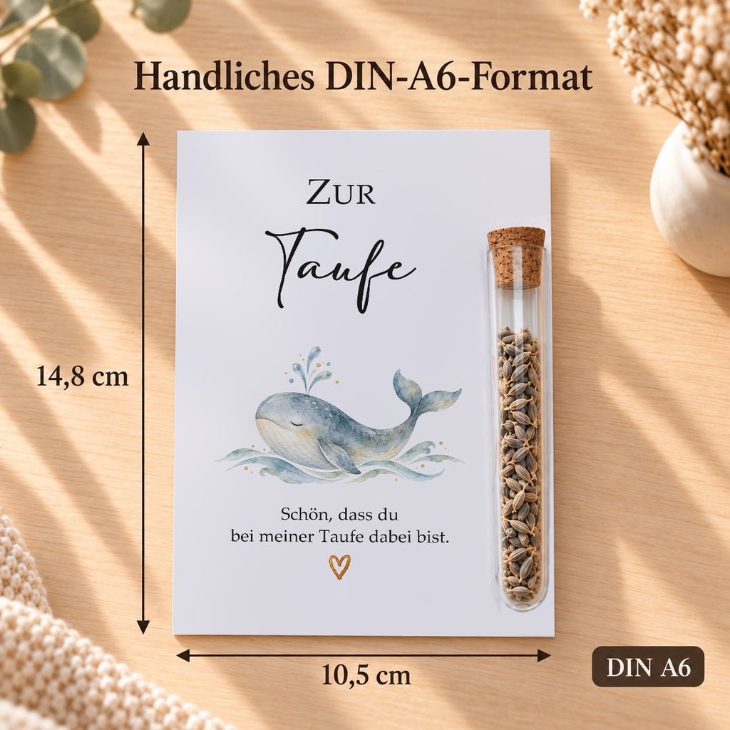 Gastgeschenk Taufe im DIN-A6-Format, 10,5 × 14,8 cm, Motiv Wal