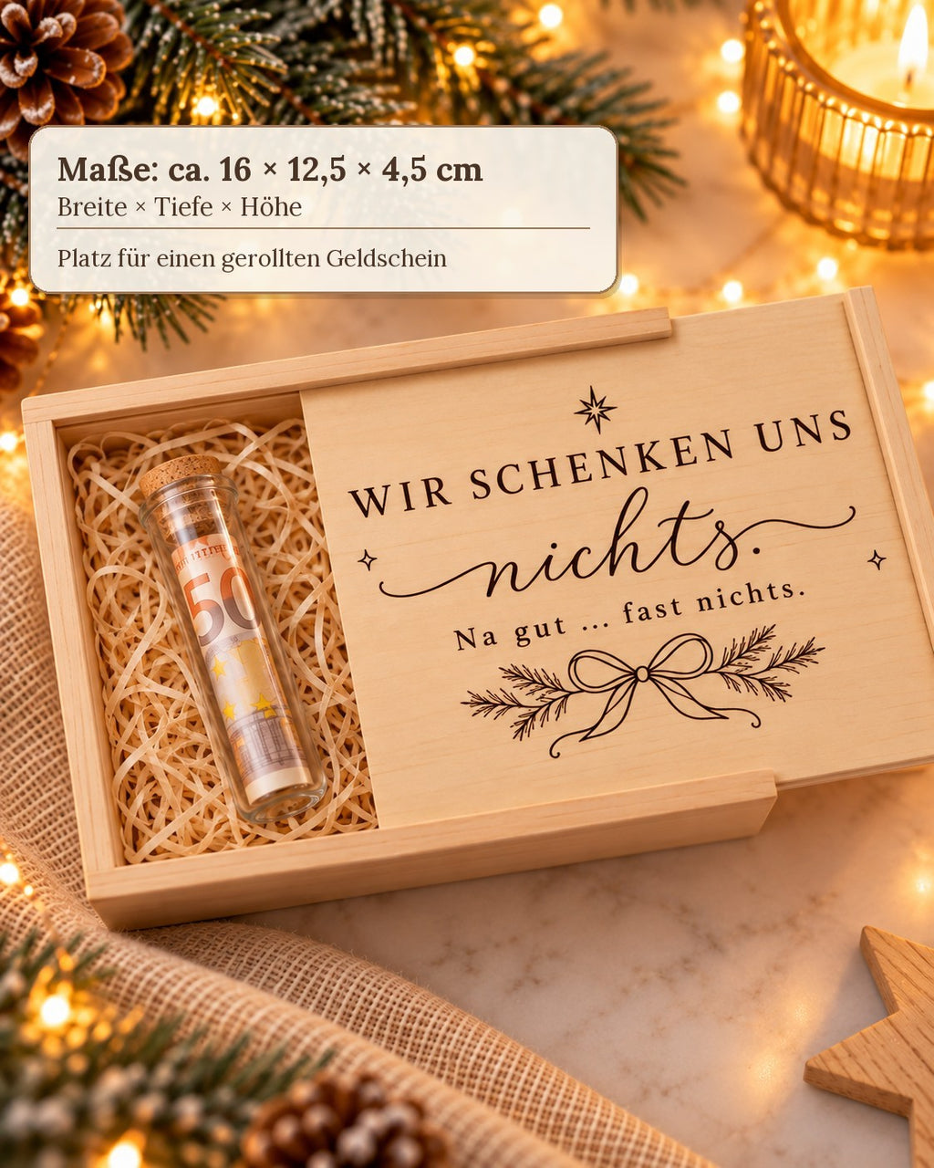 Geldgeschenk zu Weihnachten in Holzkiste, Maße ca. 16 × 12,5 × 4,5 cm