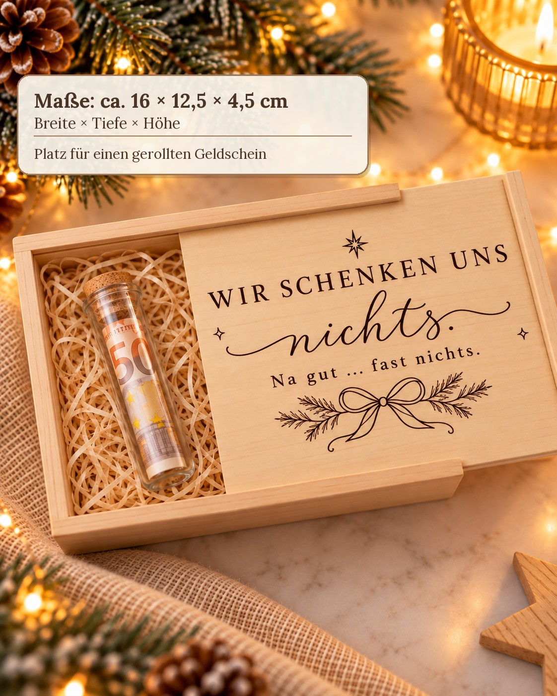 Geldgeschenk zu Weihnachten in Holzkiste, Maße ca. 16 × 12,5 × 4,5 cm