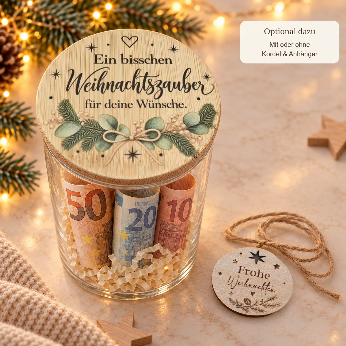 Optional dazu: Kordel und Holzanhänger zum Geldgeschenk im Glas „Weihnachtszauber“