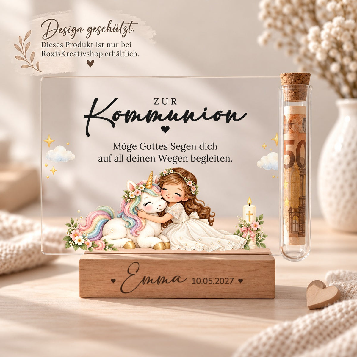 Acryl-Aufsteller zur Kommunion im Einhorn-Design, Design nur bei RoxisKreativShop