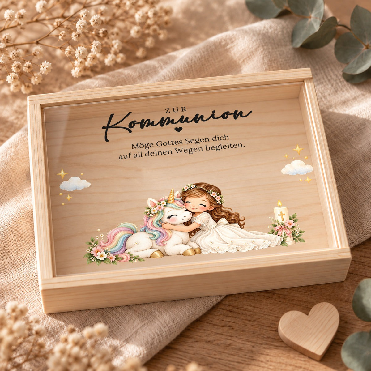 Geschlossene Holzkiste zur Kommunion mit bedrucktem Acryl-Schiebedeckel, Einhorn