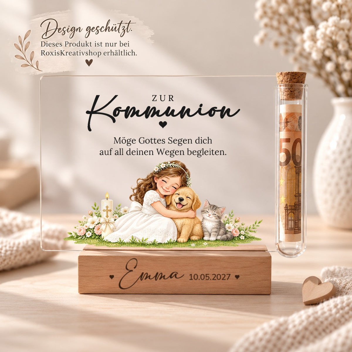 Acryl-Aufsteller zur Kommunion im Hund-und-Katze-Design, Design nur bei RoxisKreativShop