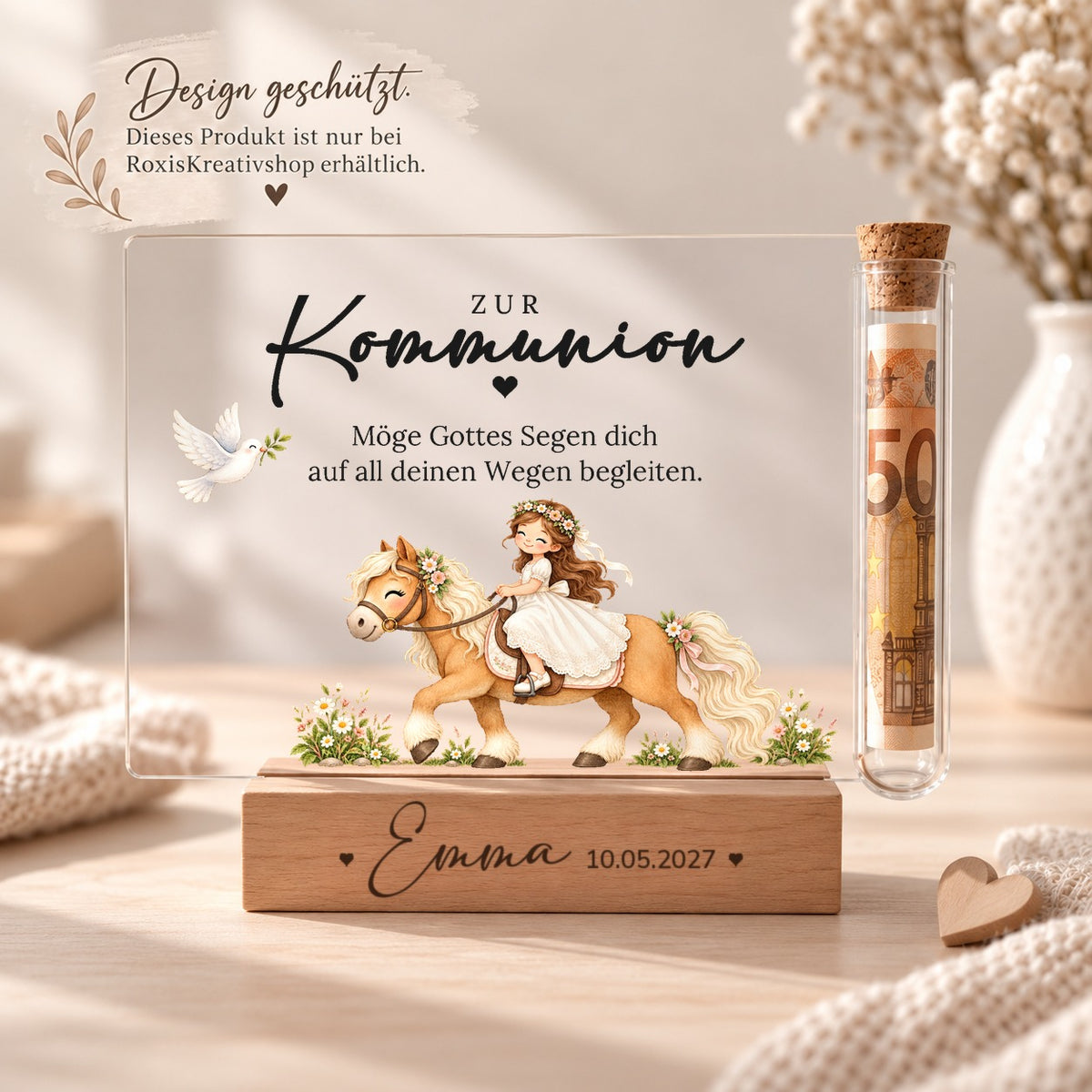 Acryl-Aufsteller zur Kommunion im Pferde-Design, Design nur bei RoxisKreativShop