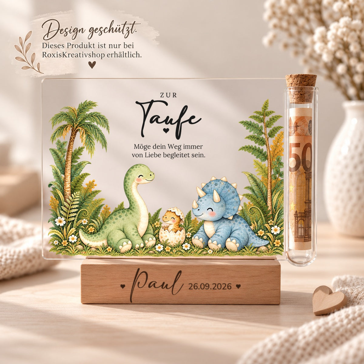 Acryl-Aufsteller zur Taufe im Dino-Design, eigenes Design von RoxisKreativShop
