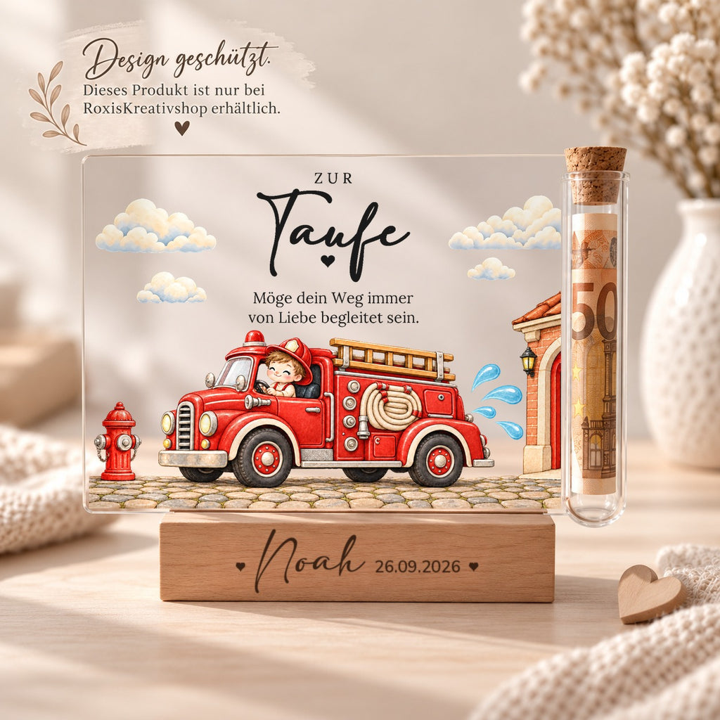 Acryl-Aufsteller zur Taufe im Feuerwehr-Design, eigenes Design von RoxisKreativShop