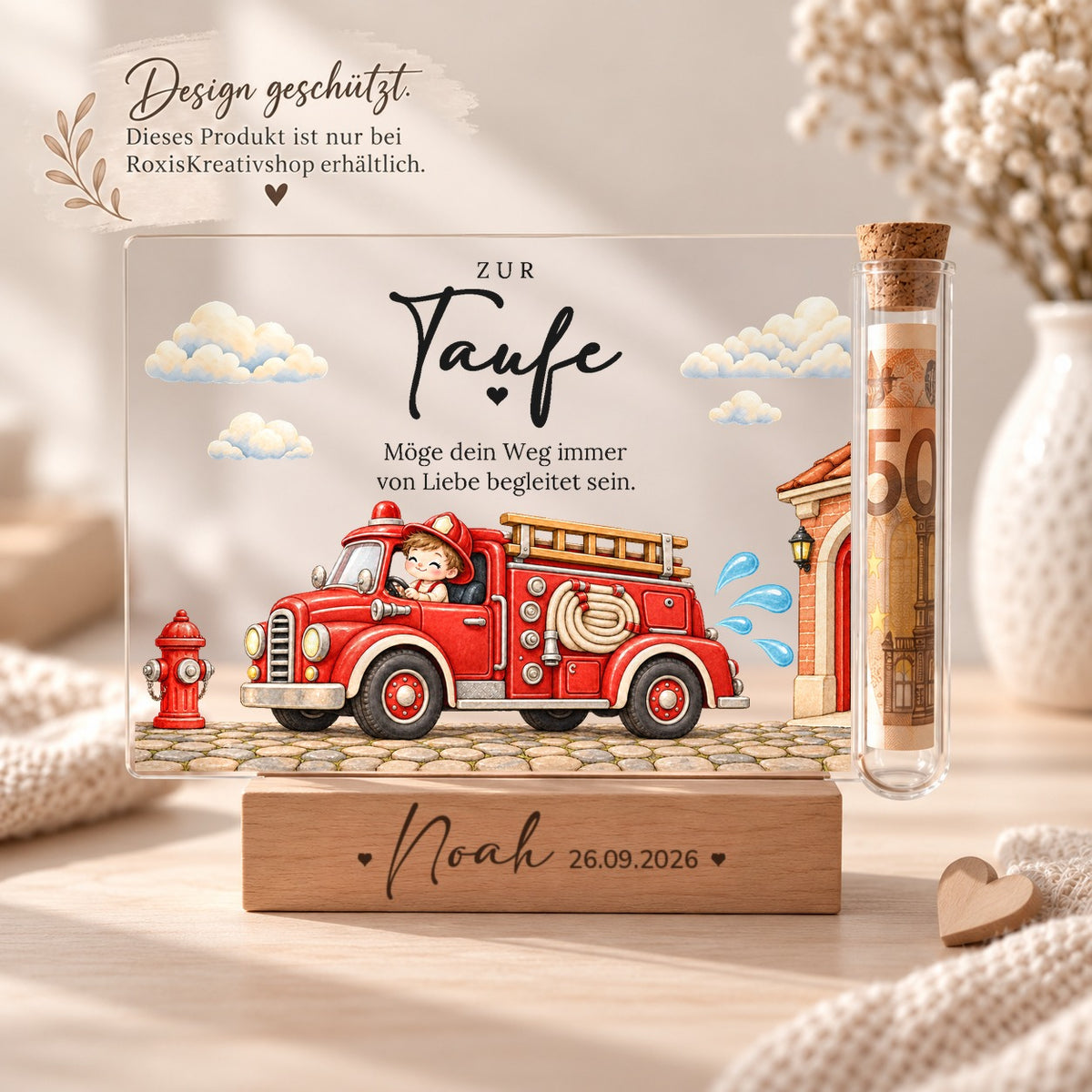 Acryl-Aufsteller zur Taufe im Feuerwehr-Design, eigenes Design von RoxisKreativShop