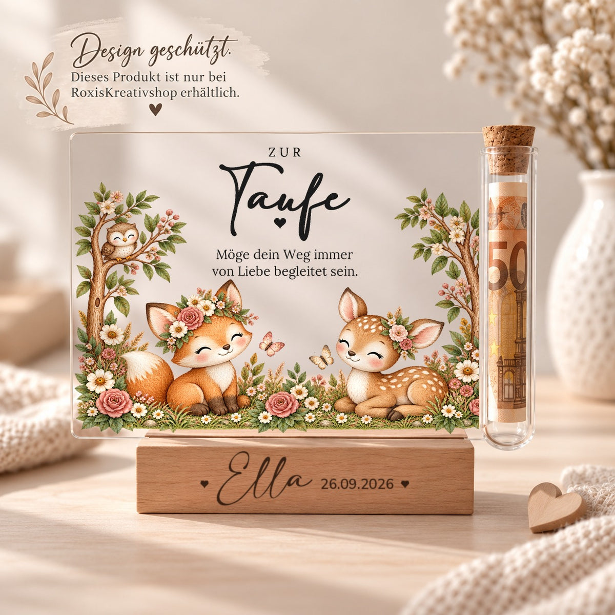 Acryl-Aufsteller zur Taufe mit kleiner Füchsin, eigenes Design von RoxisKreativShop