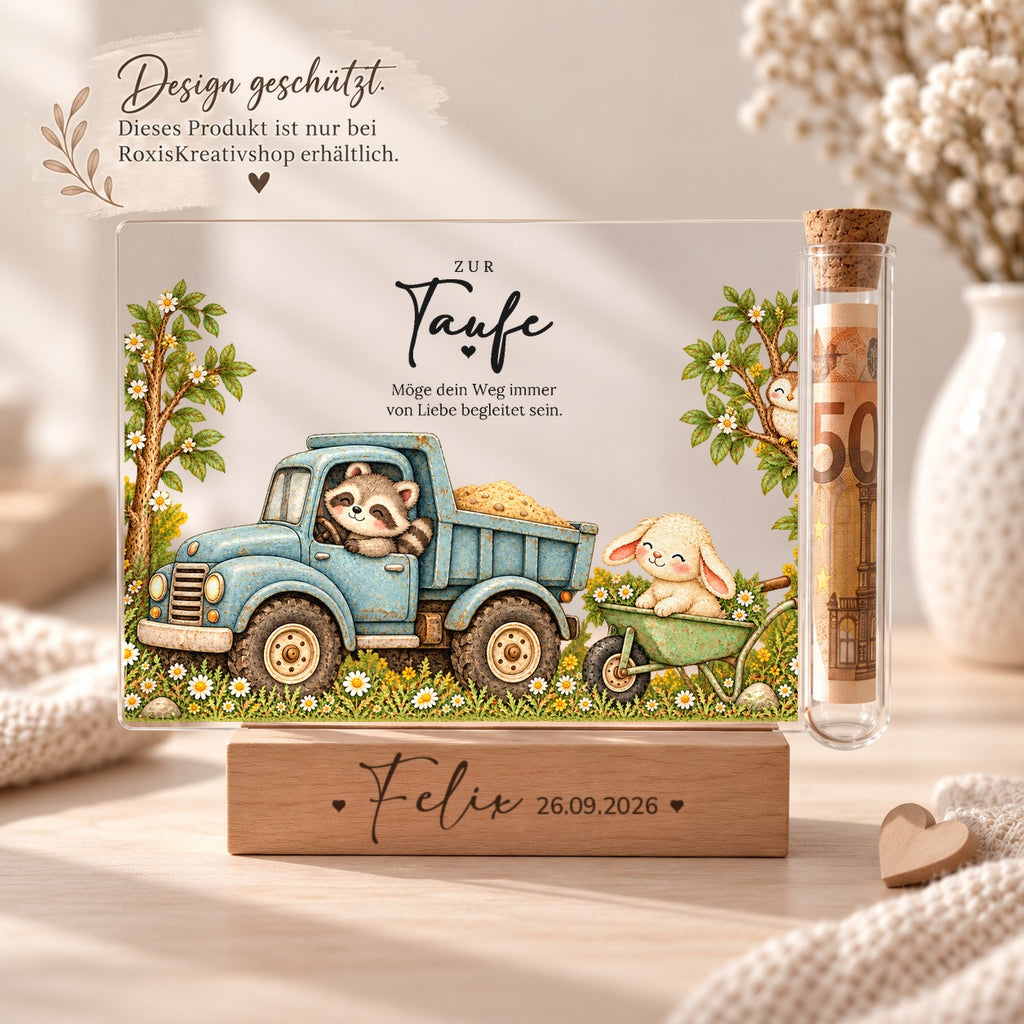 Acryl-Aufsteller zur Taufe im Kipplaster-Design, eigenes Design von RoxisKreativShop